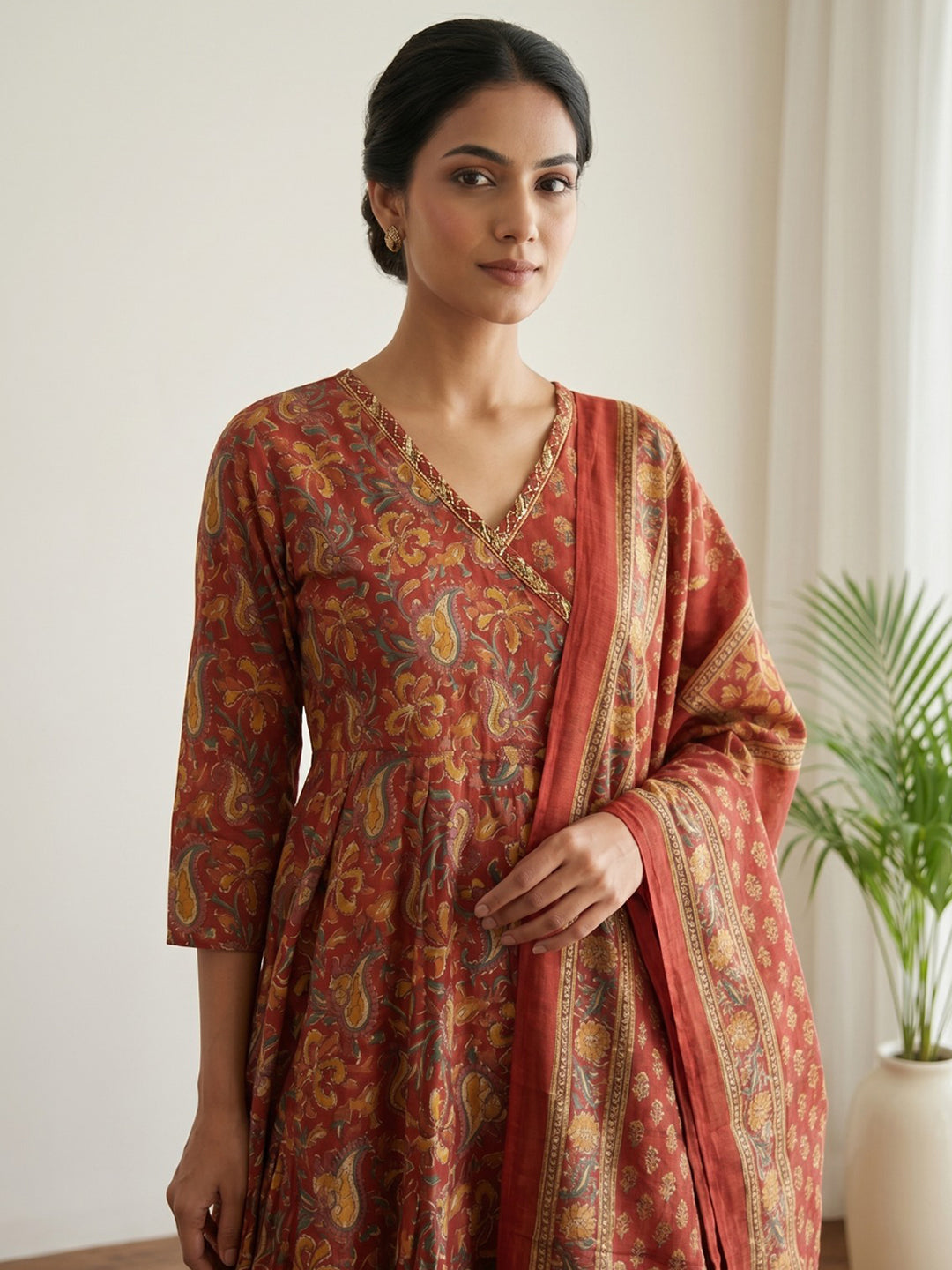 Red Printed Cotton Blend Kurta With Pant &amp; Dupatta