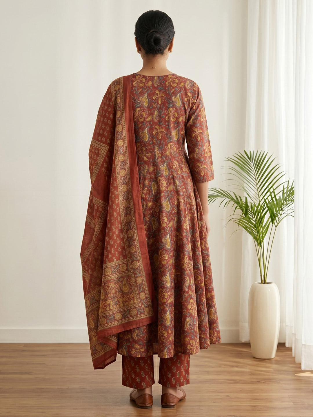 Red Printed Cotton Blend Kurta With Pant &amp; Dupatta