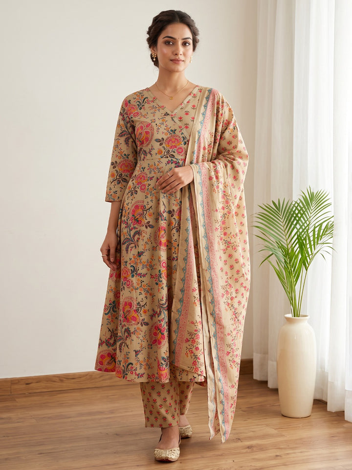 Beige Printed Cotton Blend Kurta With Pant &amp; Dupatta