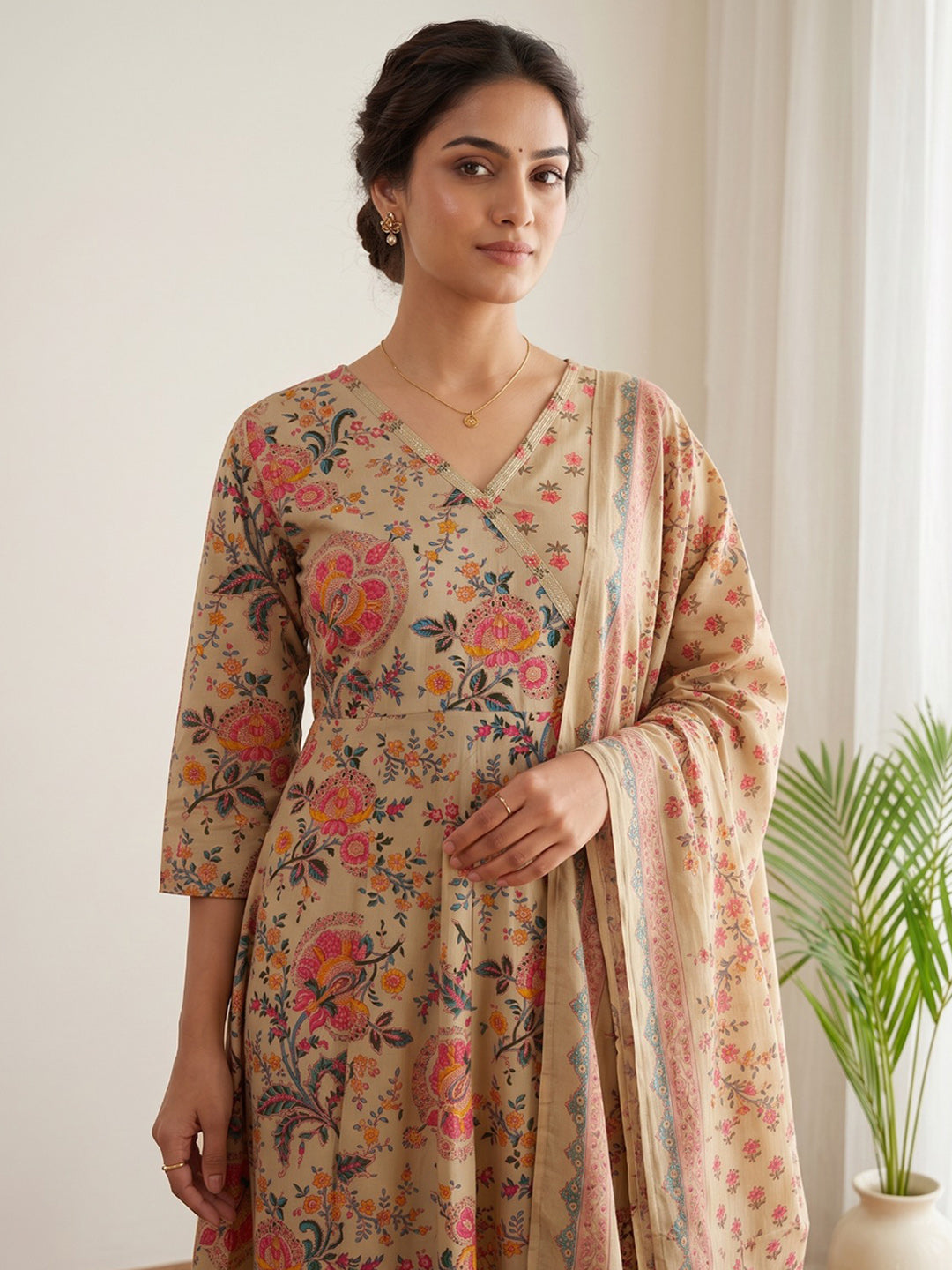 Beige Printed Cotton Blend Kurta With Pant &amp; Dupatta