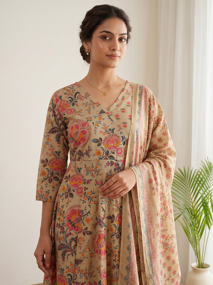 Beige Printed Cotton Blend Kurta With Pant &amp; Dupatta