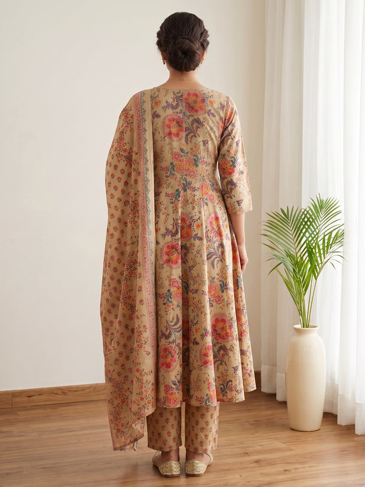 Beige Printed Cotton Blend Kurta With Pant &amp; Dupatta