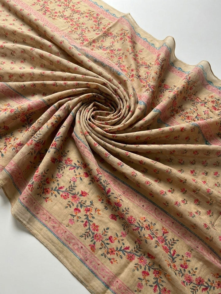 Beige Printed Cotton Blend Kurta With Pant &amp; Dupatta