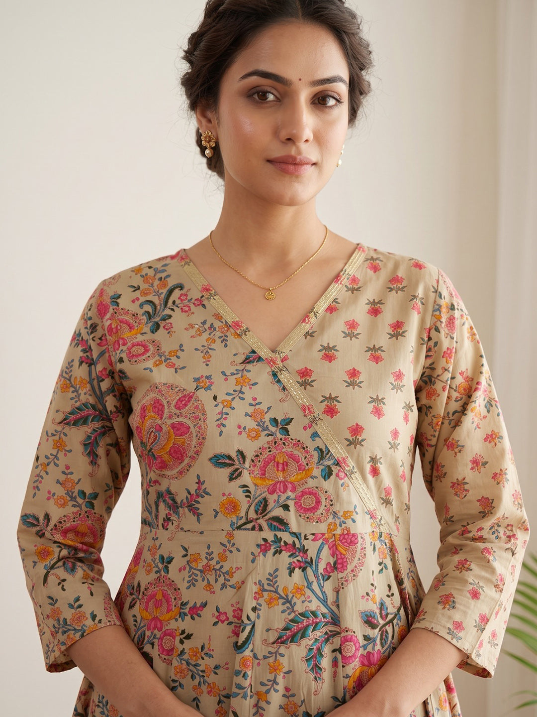Beige Printed Cotton Blend Kurta With Pant &amp; Dupatta