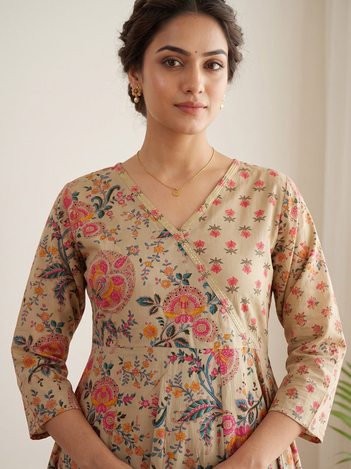 Beige Printed Cotton Blend Kurta With Pant &amp; Dupatta