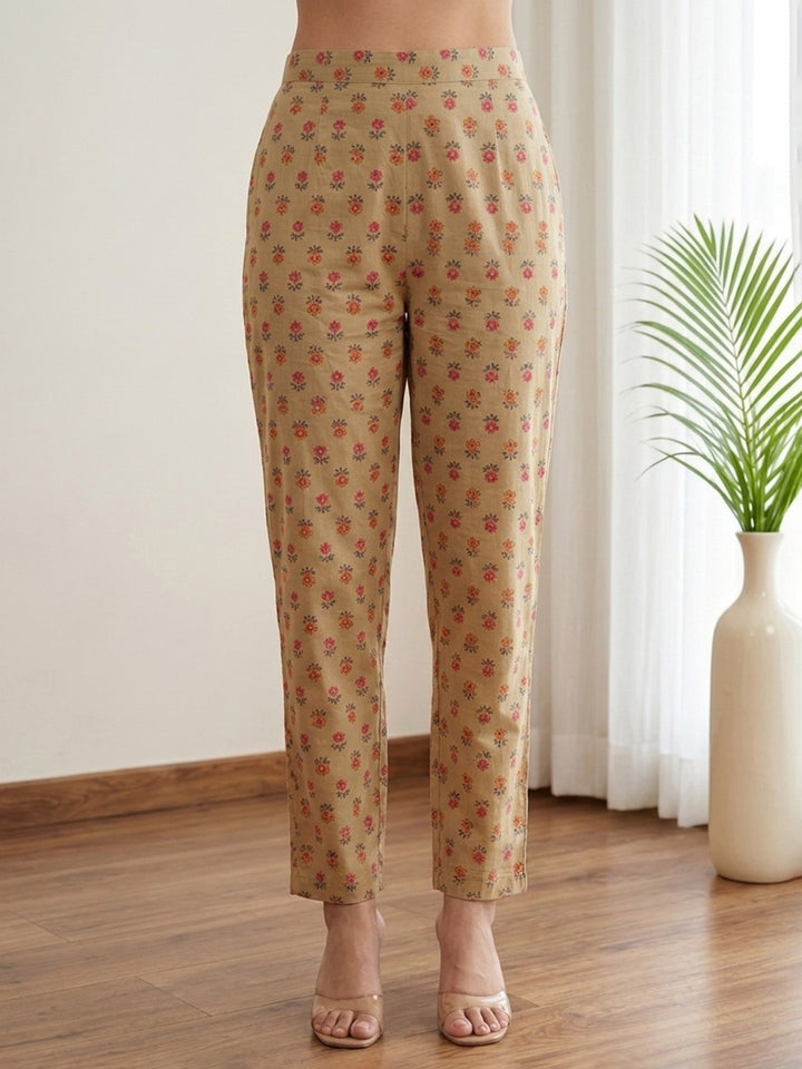 Beige Printed Cotton Blend Kurta With Pant &amp; Dupatta