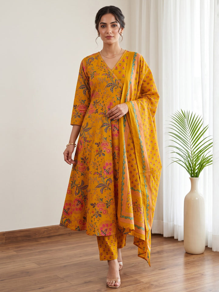 Mustard Printed Cotton Blend Kurta With Pant &amp; Dupatta