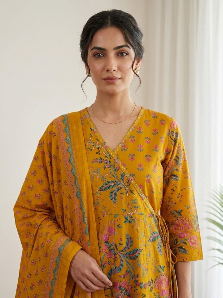Mustard Printed Cotton Blend Kurta With Pant &amp; Dupatta