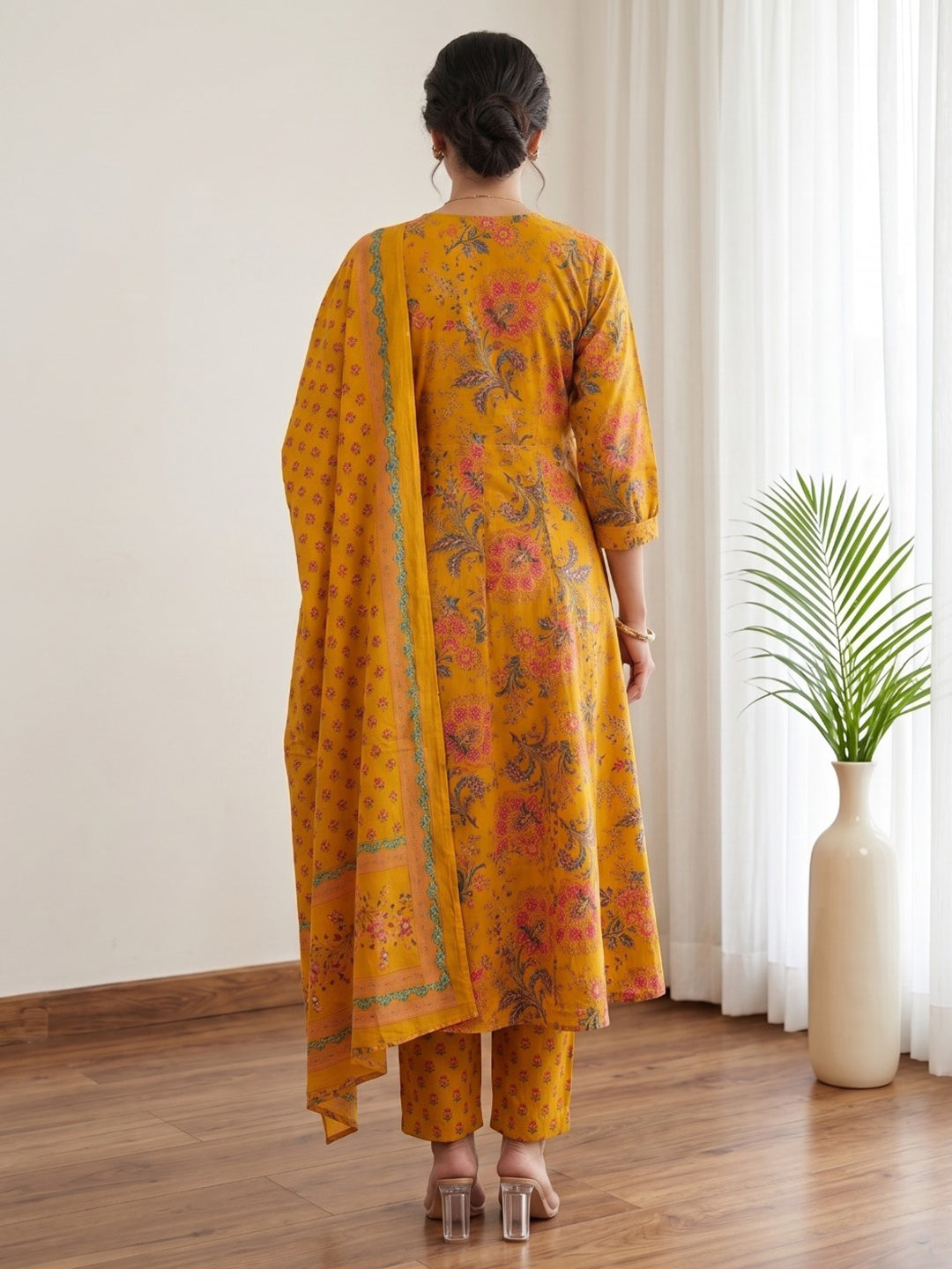 Mustard Printed Cotton Blend Kurta With Pant &amp; Dupatta