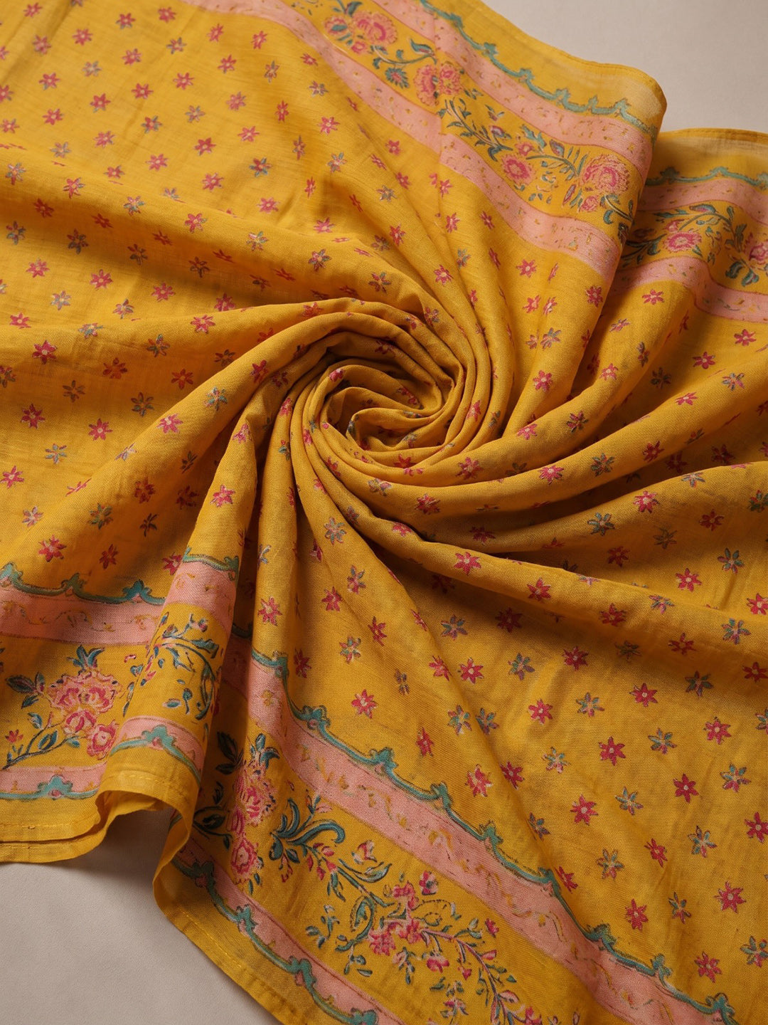 Mustard Printed Cotton Blend Kurta With Pant &amp; Dupatta