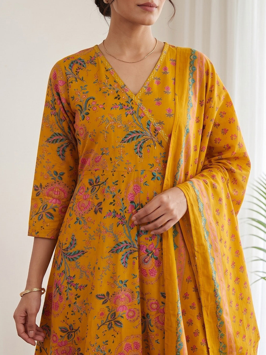 Mustard Printed Cotton Blend Kurta With Pant &amp; Dupatta