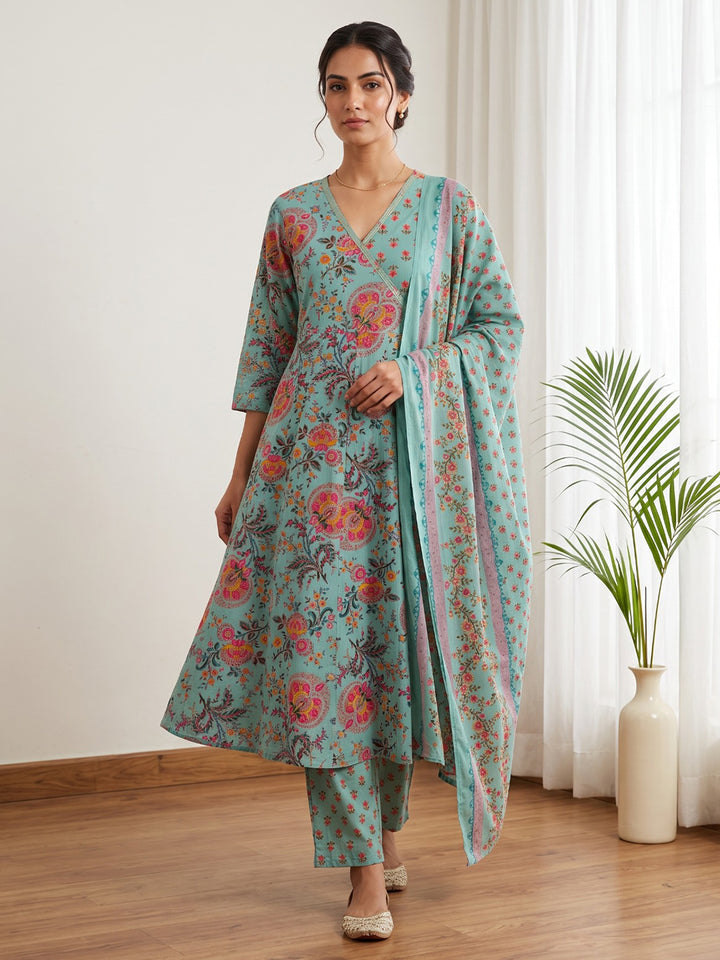 Sky Blue Printed Cotton Blend Kurta With Pant &amp; Dupatta