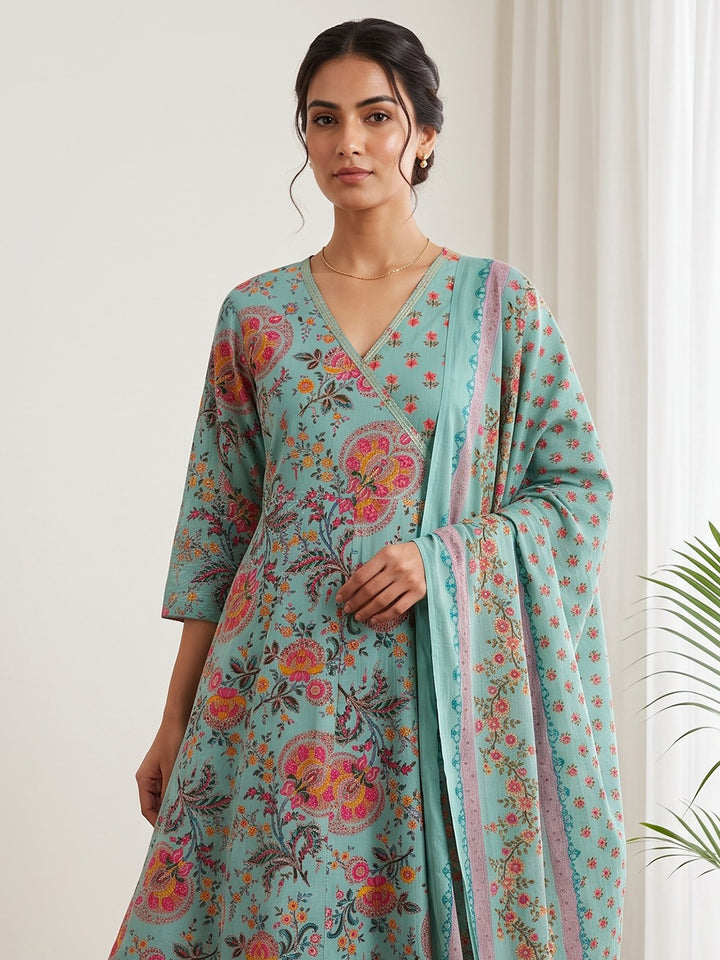Sky Blue Printed Cotton Blend Kurta With Pant &amp; Dupatta