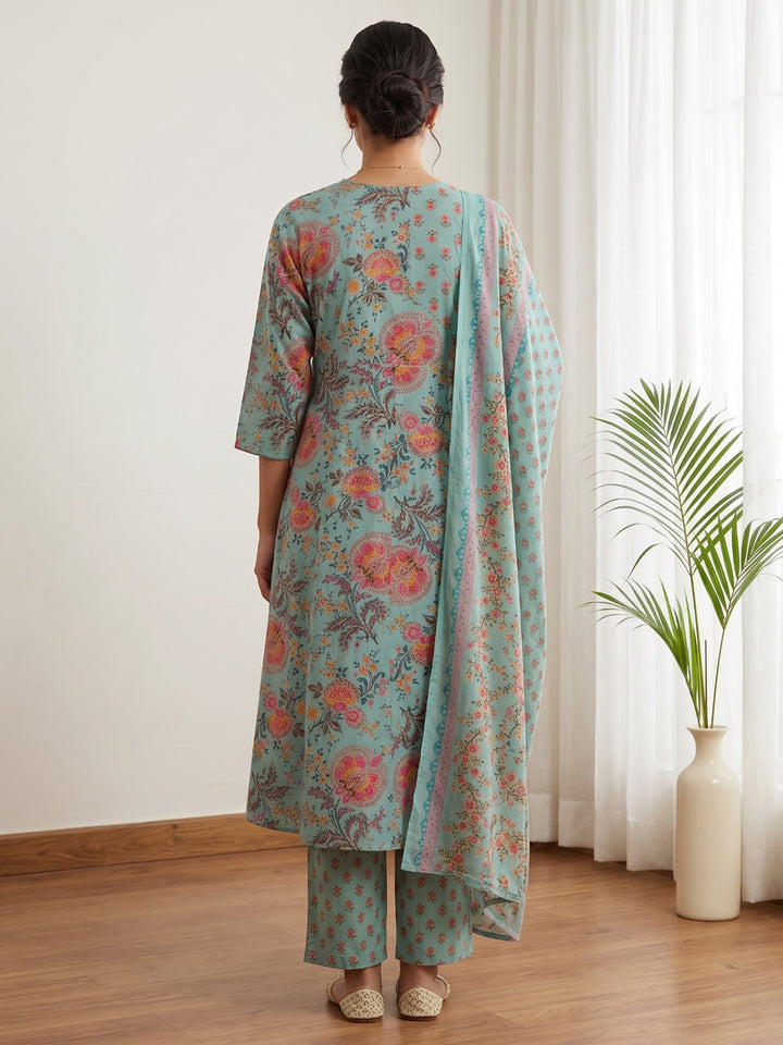 Sky Blue Printed Cotton Blend Kurta With Pant &amp; Dupatta