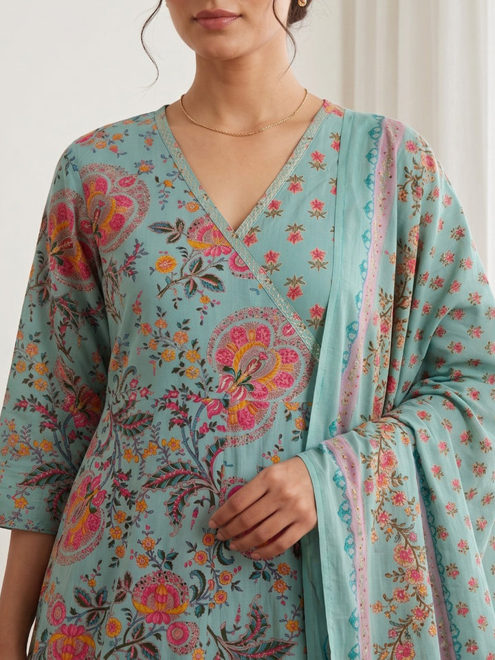 Sky Blue Printed Cotton Blend Kurta With Pant &amp; Dupatta