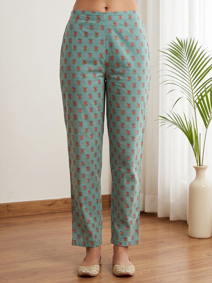 Sky Blue Printed Cotton Blend Kurta With Pant &amp; Dupatta