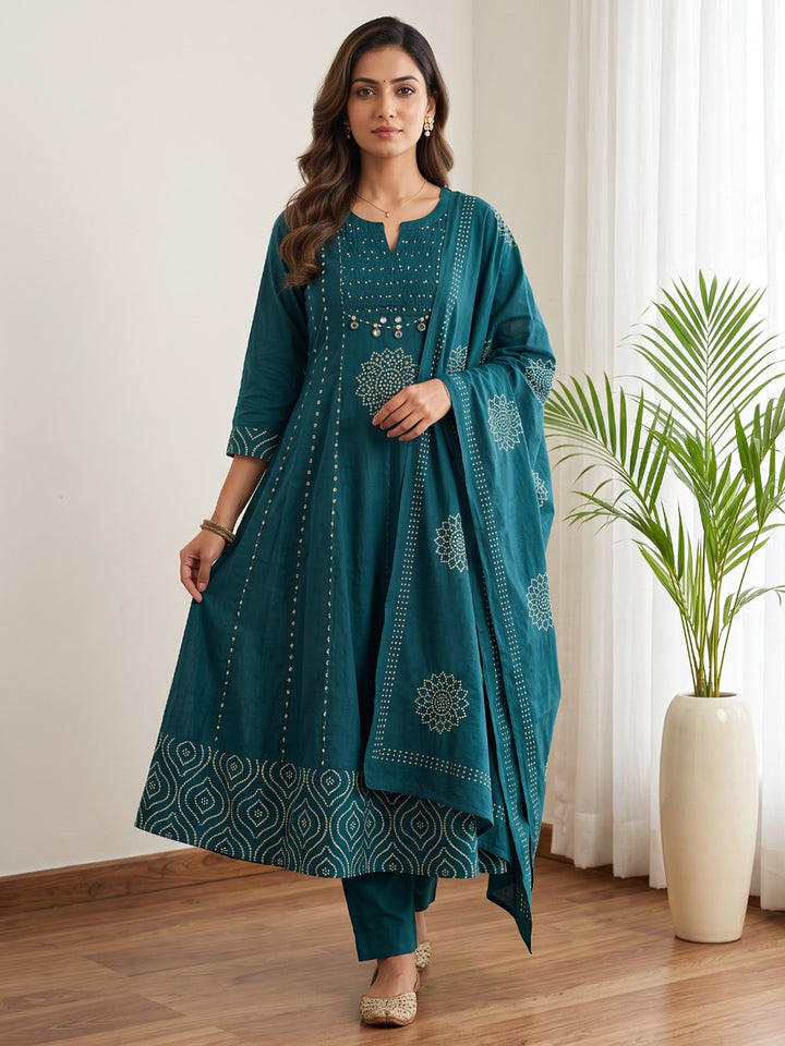 Blue Printed Cotton Blend Kurta With Pant &amp; Dupatta