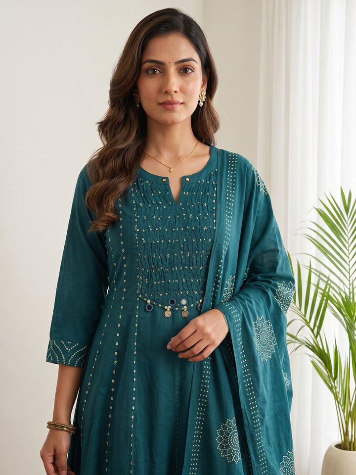 Blue Printed Cotton Blend Kurta With Pant &amp; Dupatta