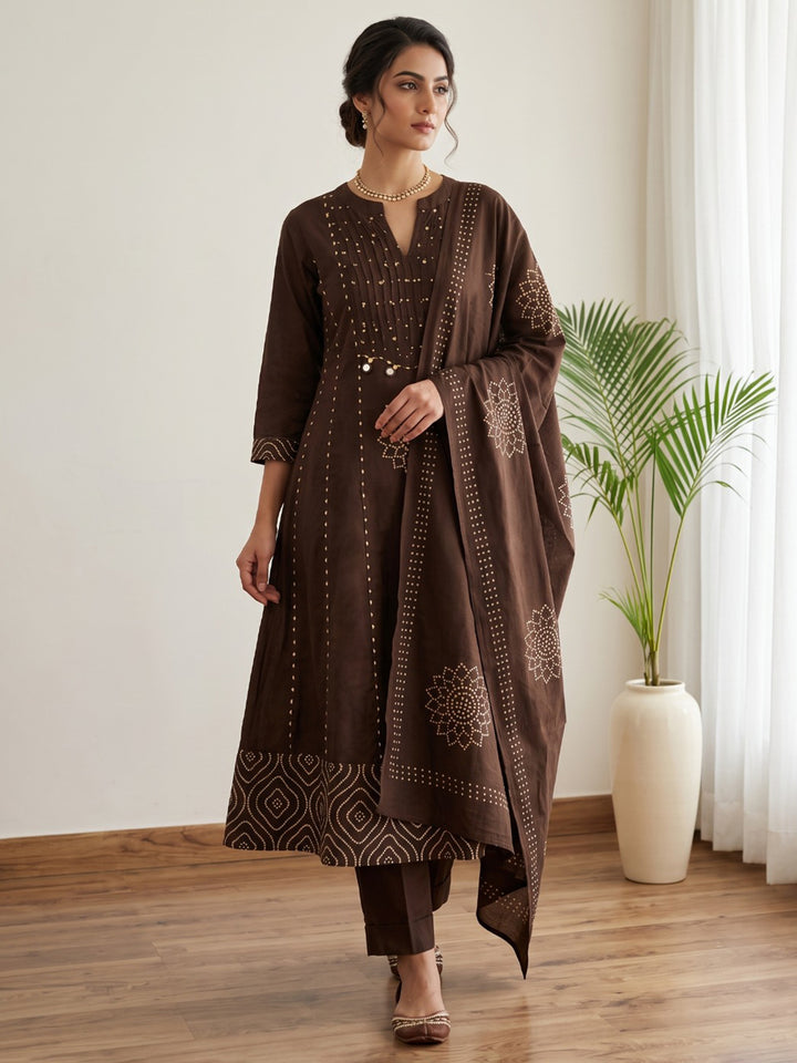 Brown Printed Cotton Blend Kurta With Pant &amp; Dupatta