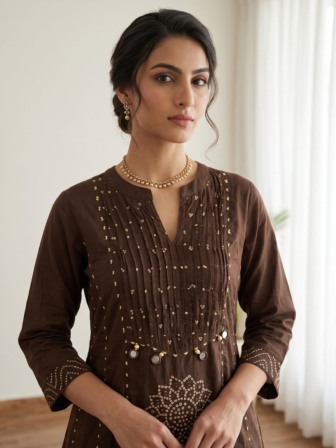 Brown Printed Cotton Blend Kurta With Pant &amp; Dupatta