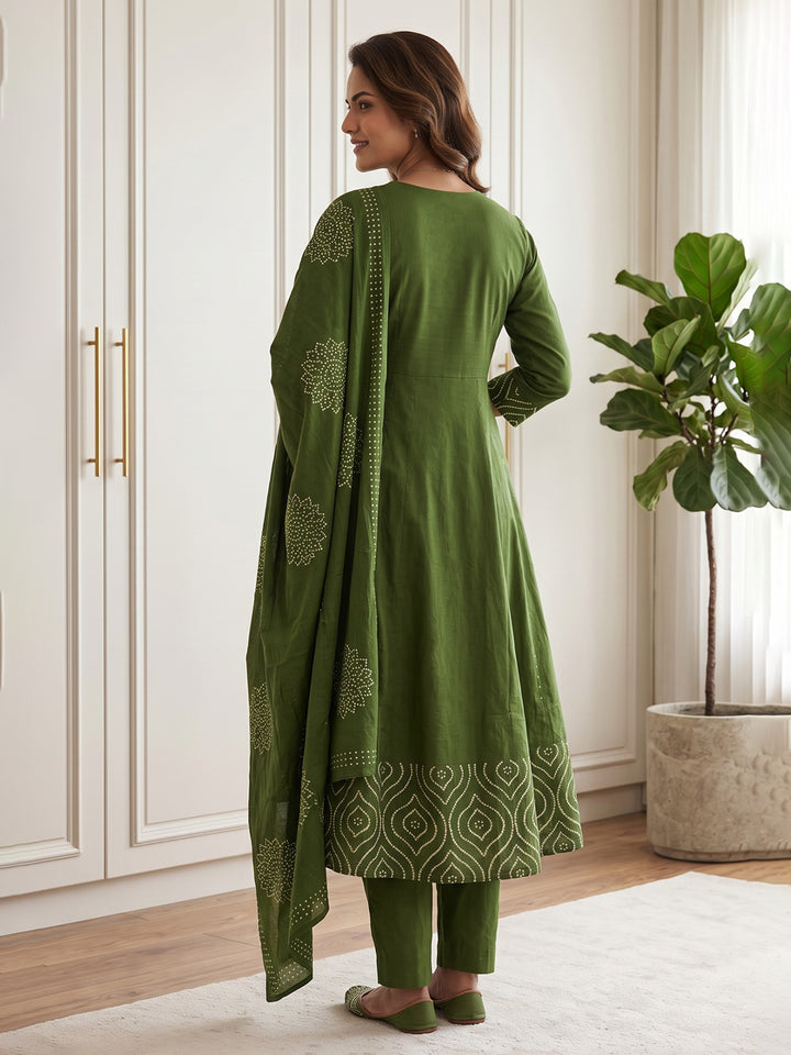 Green Printed Cotton Blend Kurta With Pant &amp; Dupatta