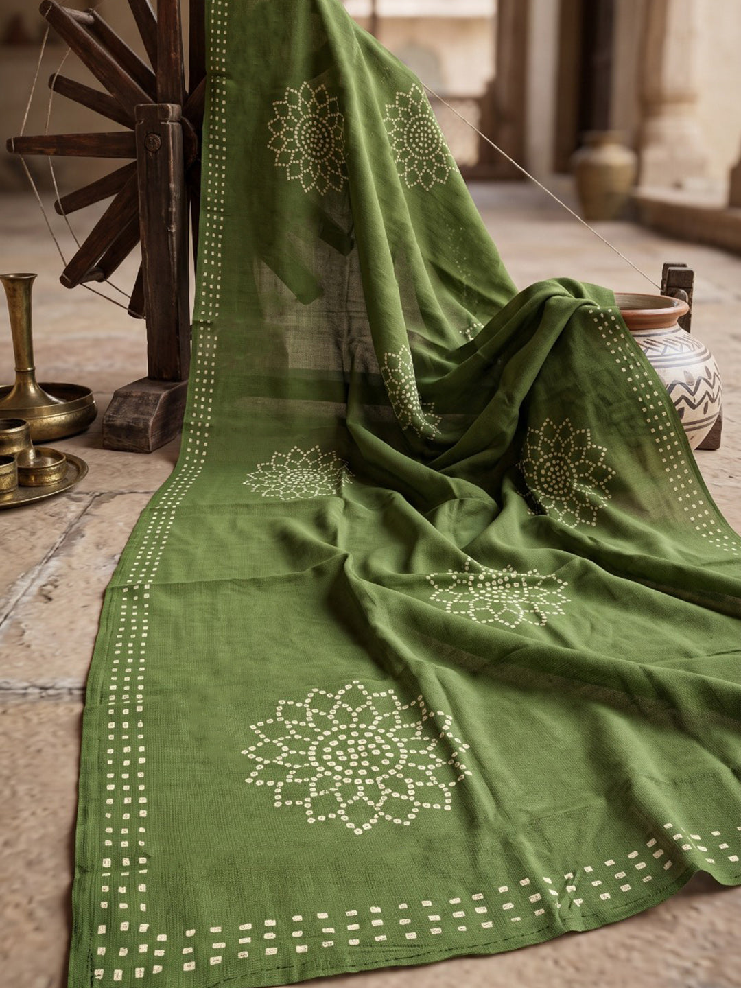 Green Printed Cotton Blend Kurta With Pant &amp; Dupatta