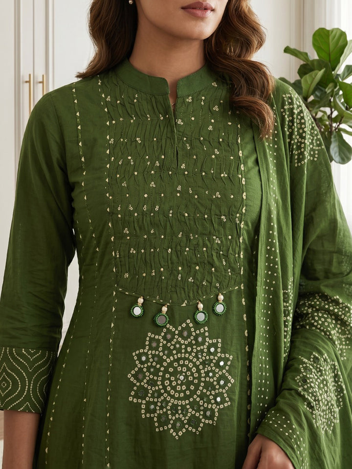 Green Printed Cotton Blend Kurta With Pant &amp; Dupatta