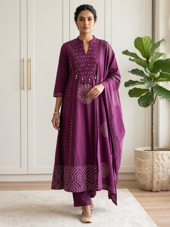 Maroon Printed Cotton Blend Kurta With Pant &amp; Dupatta