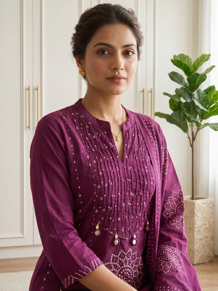 Maroon Printed Cotton Blend Kurta With Pant &amp; Dupatta