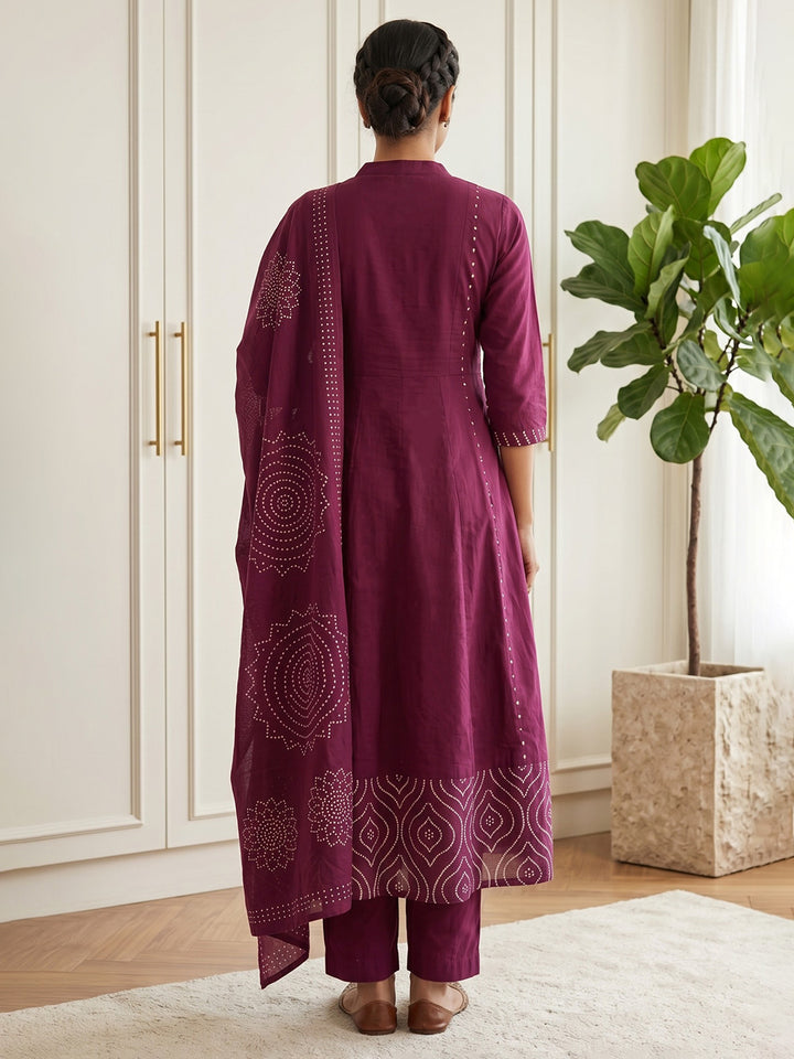 Maroon Printed Cotton Blend Kurta With Pant &amp; Dupatta