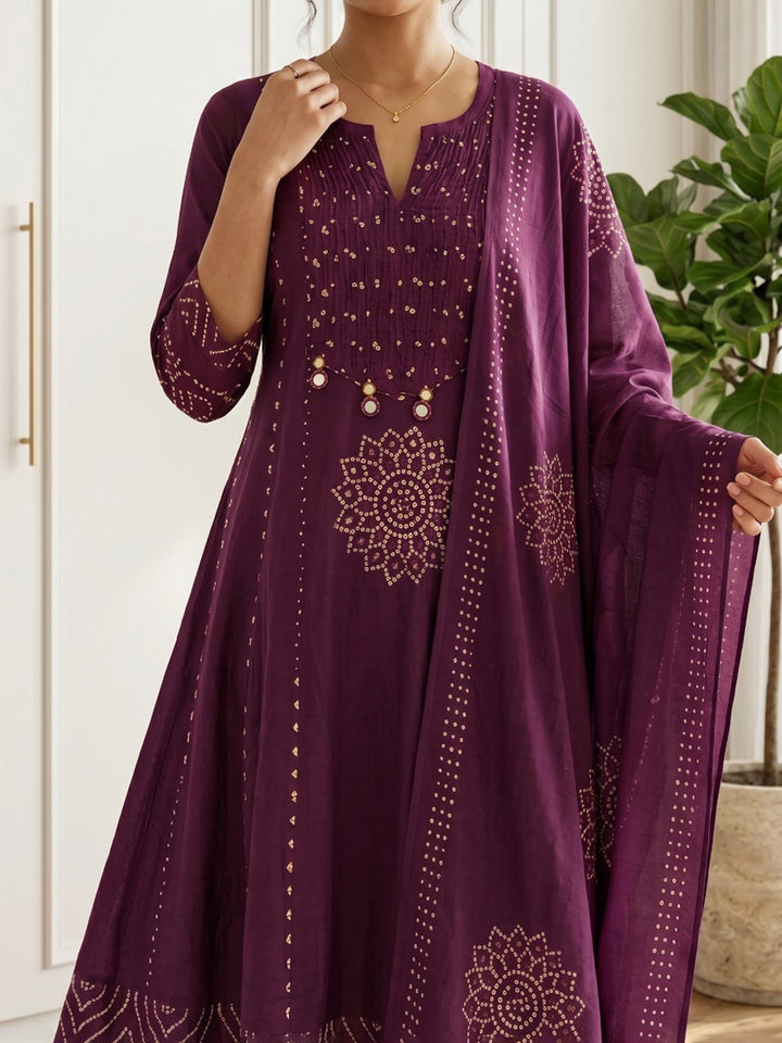 Maroon Printed Cotton Blend Kurta With Pant &amp; Dupatta