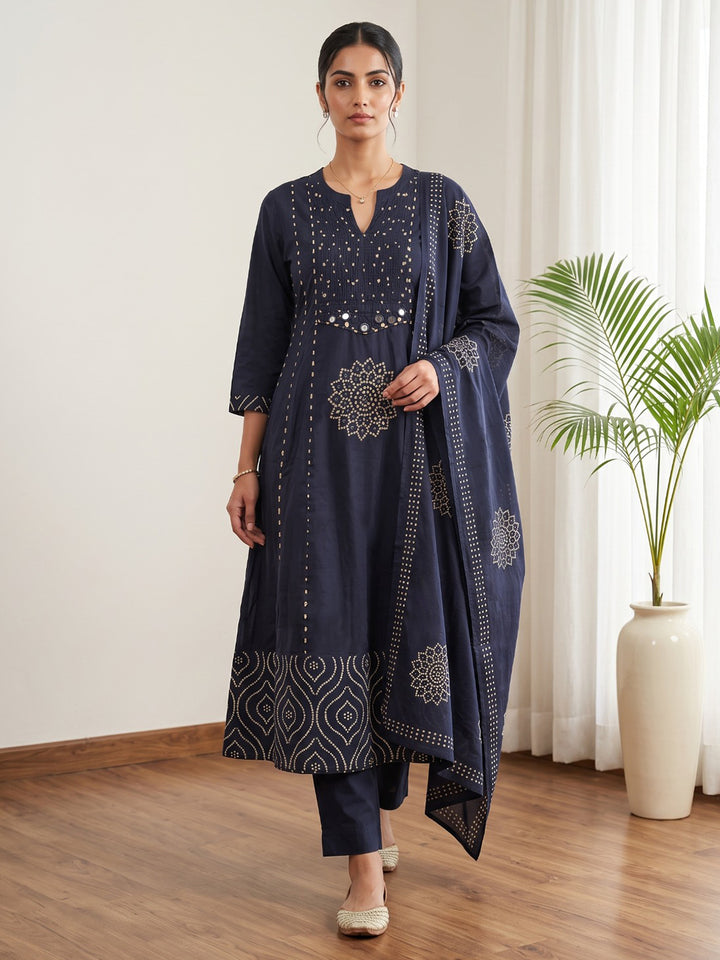 Navy Blue Printed Cotton Blend Kurta With Pant &amp; Dupatta