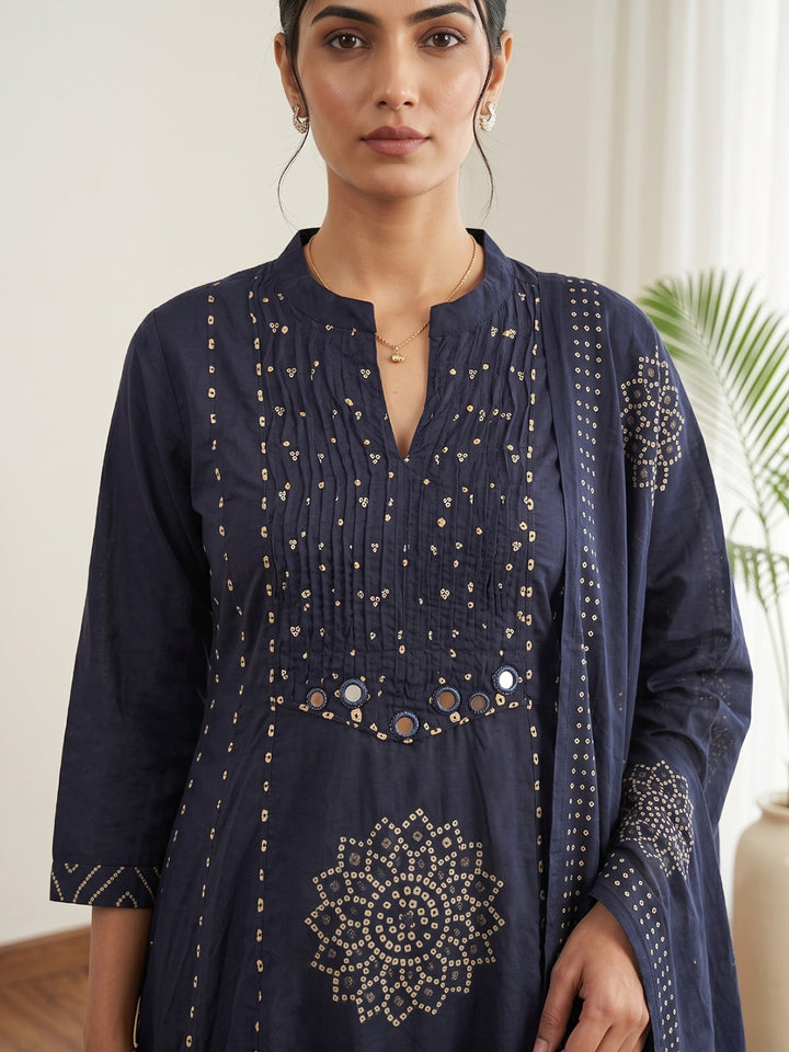 Navy Blue Printed Cotton Blend Kurta With Pant &amp; Dupatta