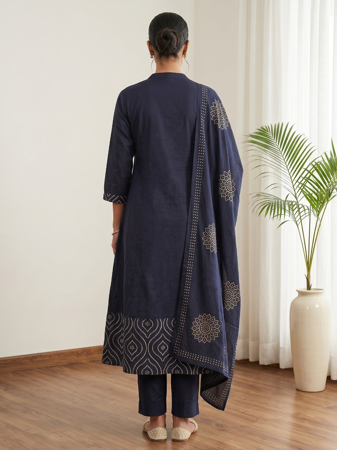 Navy Blue Printed Cotton Blend Kurta With Pant &amp; Dupatta