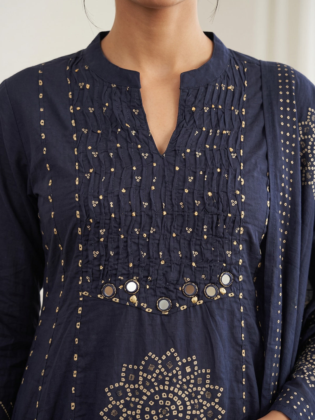 Navy Blue Printed Cotton Blend Kurta With Pant &amp; Dupatta