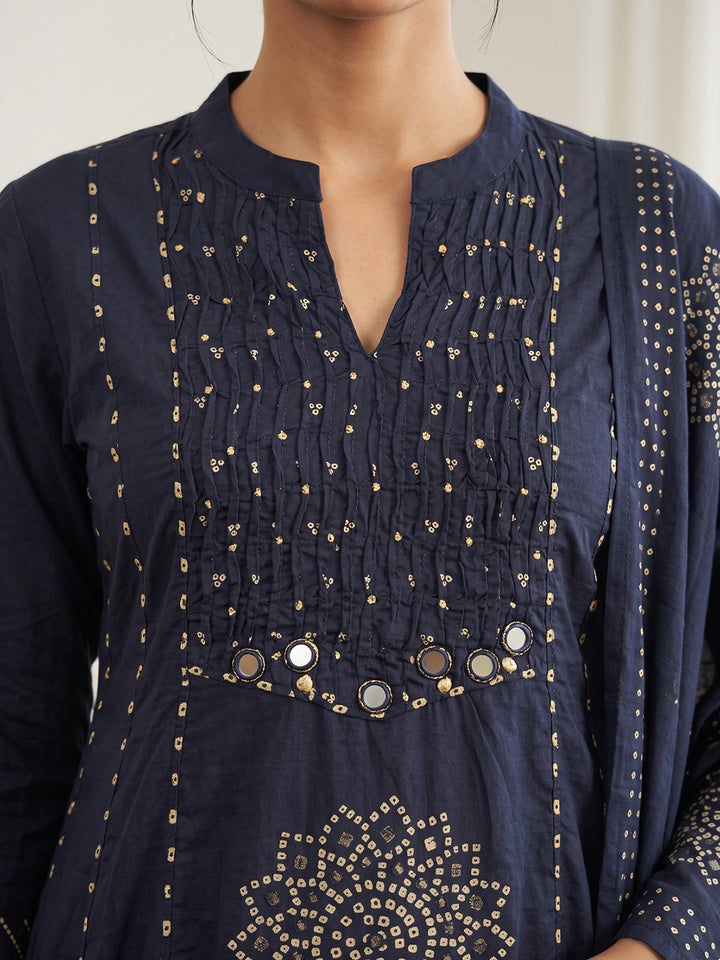 Navy Blue Printed Cotton Blend Kurta With Pant &amp; Dupatta