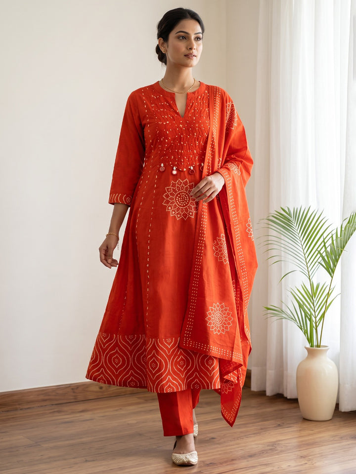 Orange Printed Cotton Blend Kurta With Pant &amp; Dupatta