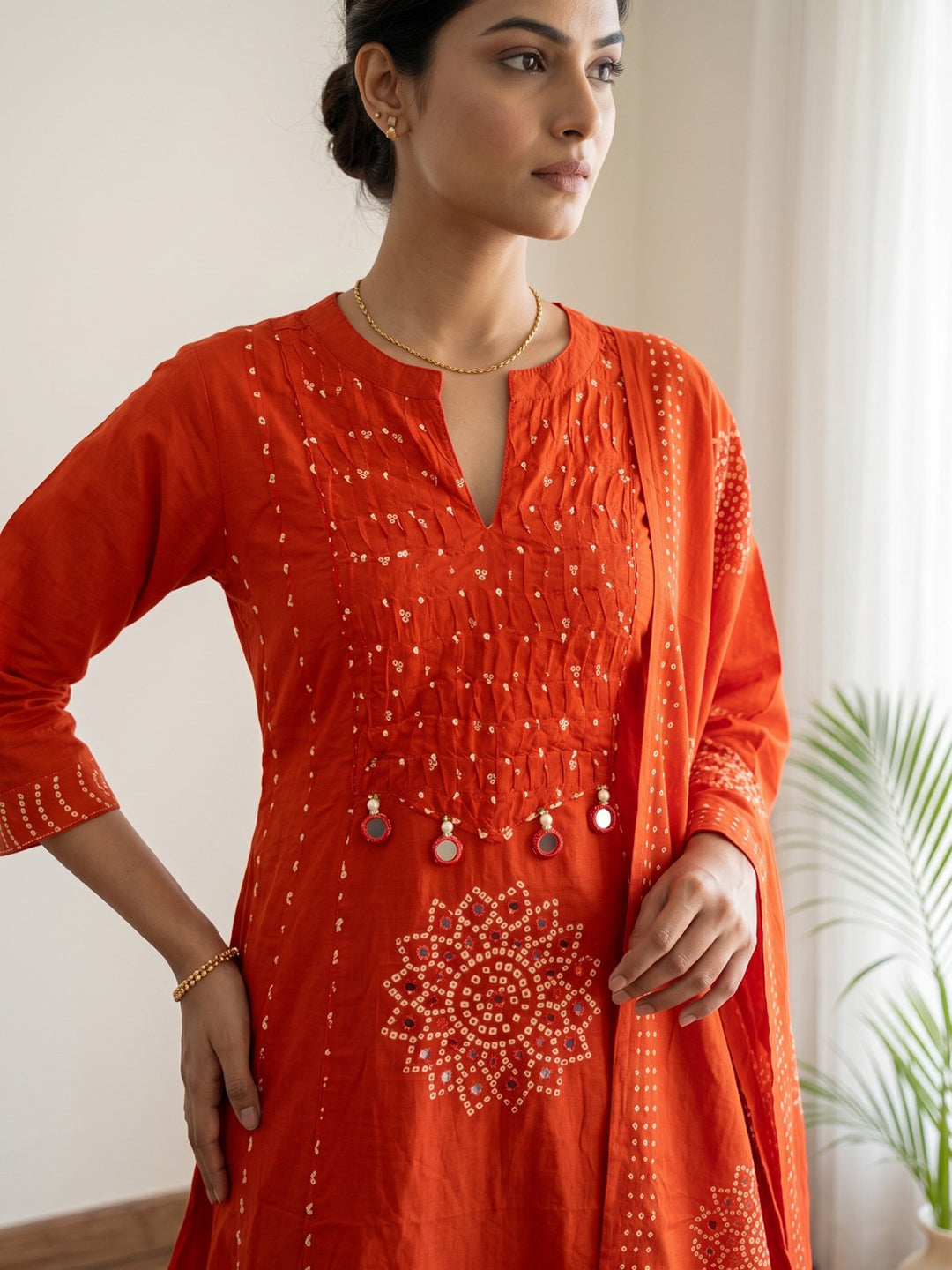 Orange Printed Cotton Blend Kurta With Pant &amp; Dupatta