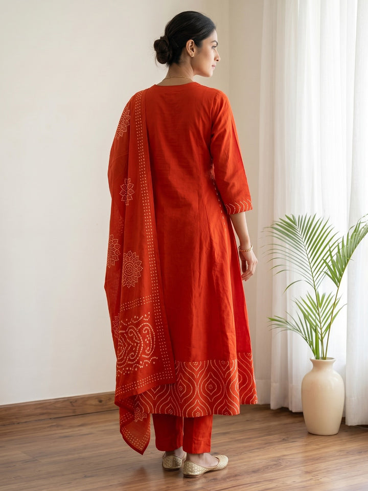 Orange Printed Cotton Blend Kurta With Pant &amp; Dupatta
