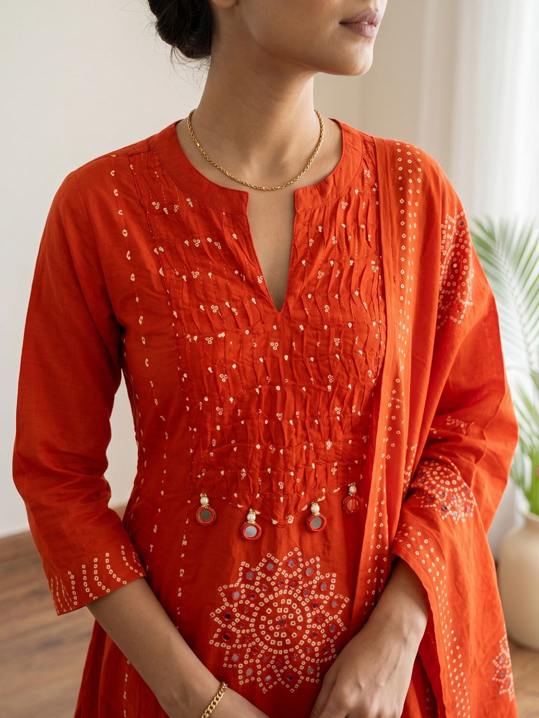 Orange Printed Cotton Blend Kurta With Pant &amp; Dupatta
