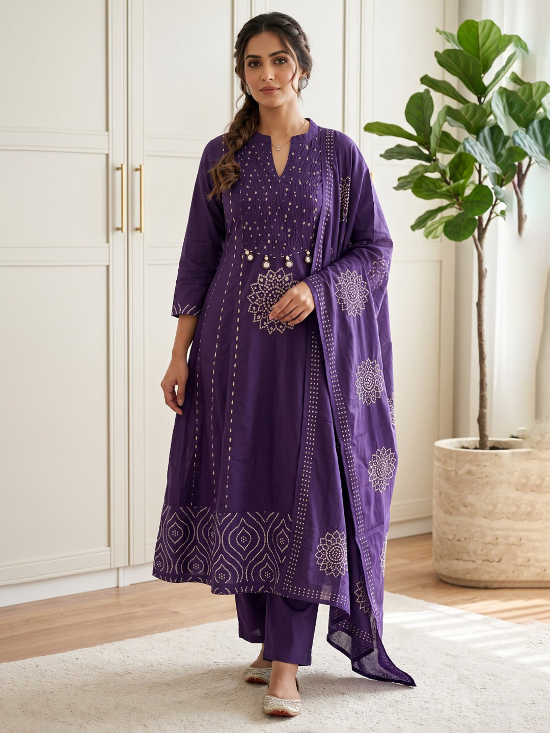 Purple Printed Cotton Blend Kurta With Pant &amp; Dupatta