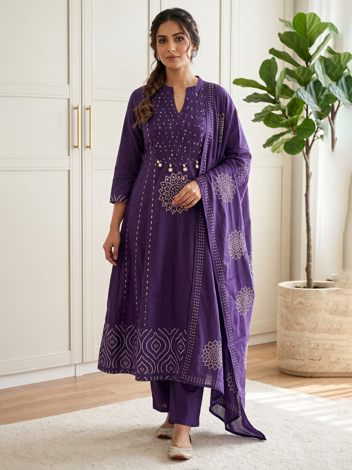 Purple Printed Cotton Blend Kurta With Pant &amp; Dupatta