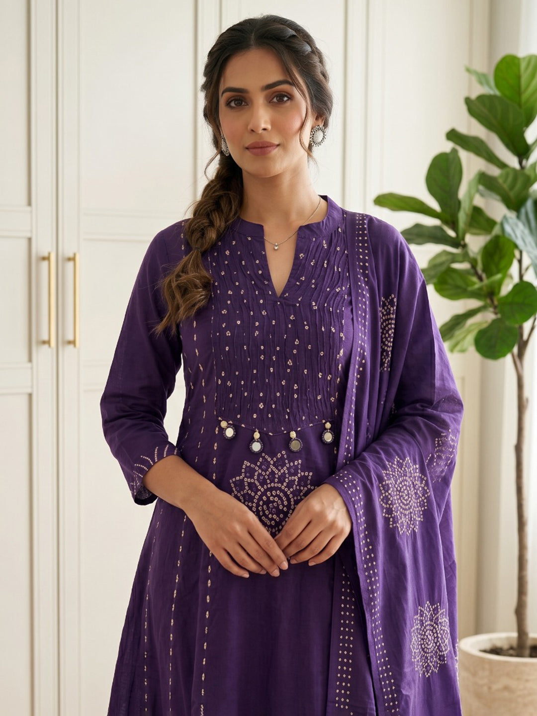 Purple Printed Cotton Blend Kurta With Pant &amp; Dupatta