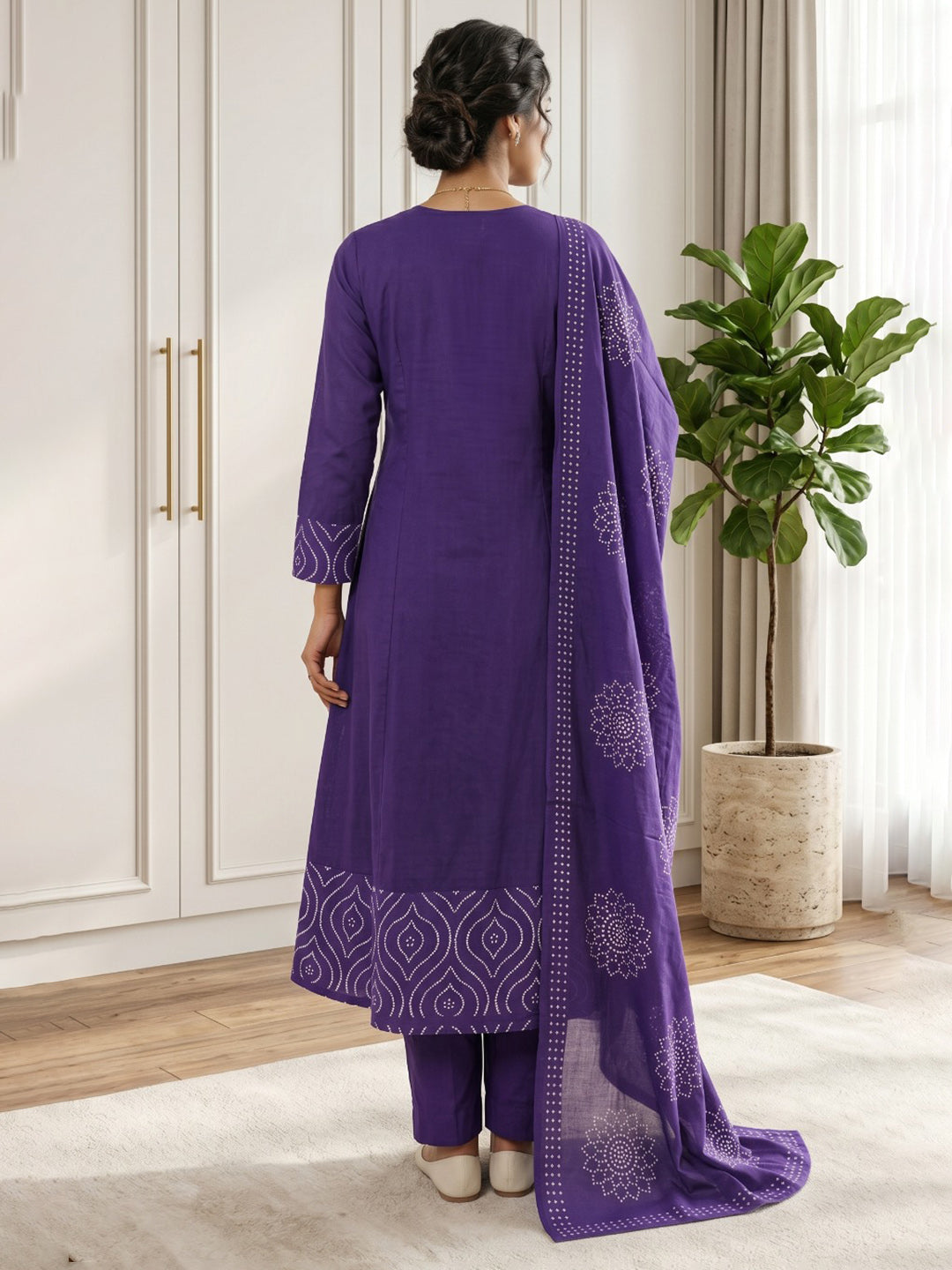 Purple Printed Cotton Blend Kurta With Pant &amp; Dupatta