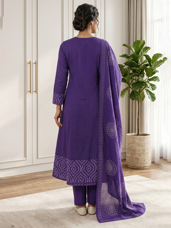 Purple Printed Cotton Blend Kurta With Pant &amp; Dupatta