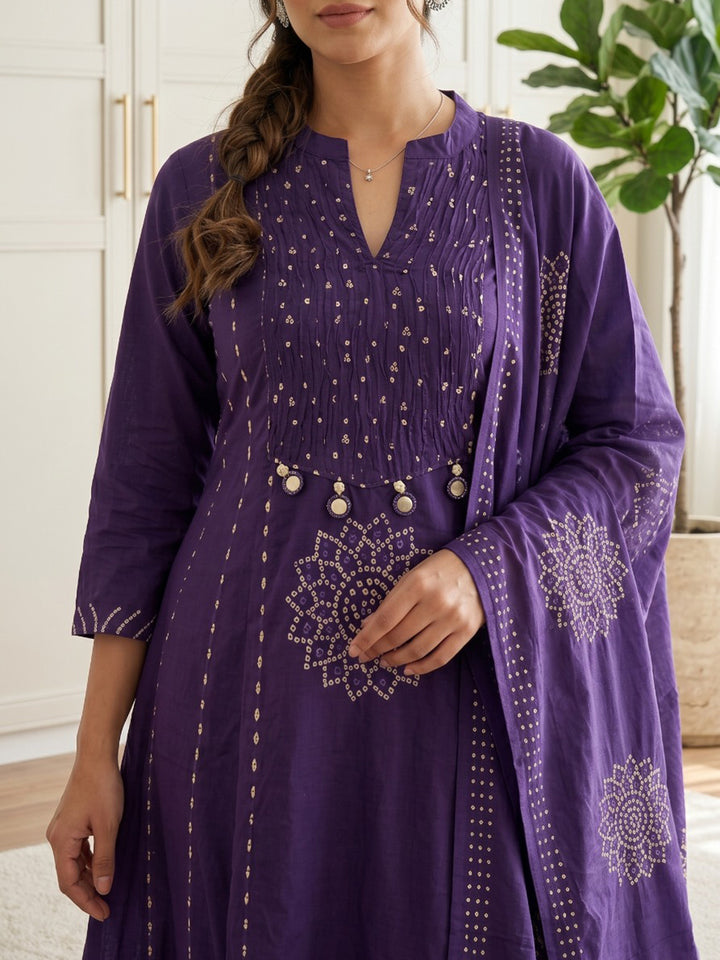 Purple Printed Cotton Blend Kurta With Pant &amp; Dupatta
