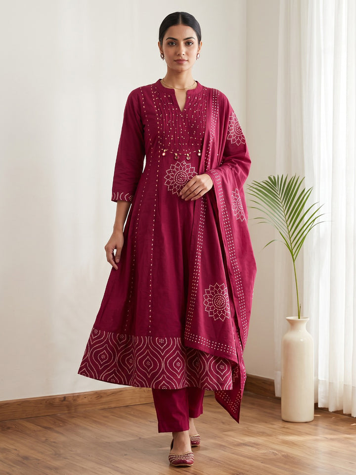 Red Printed Cotton Blend Kurta With Pant &amp; Dupatta