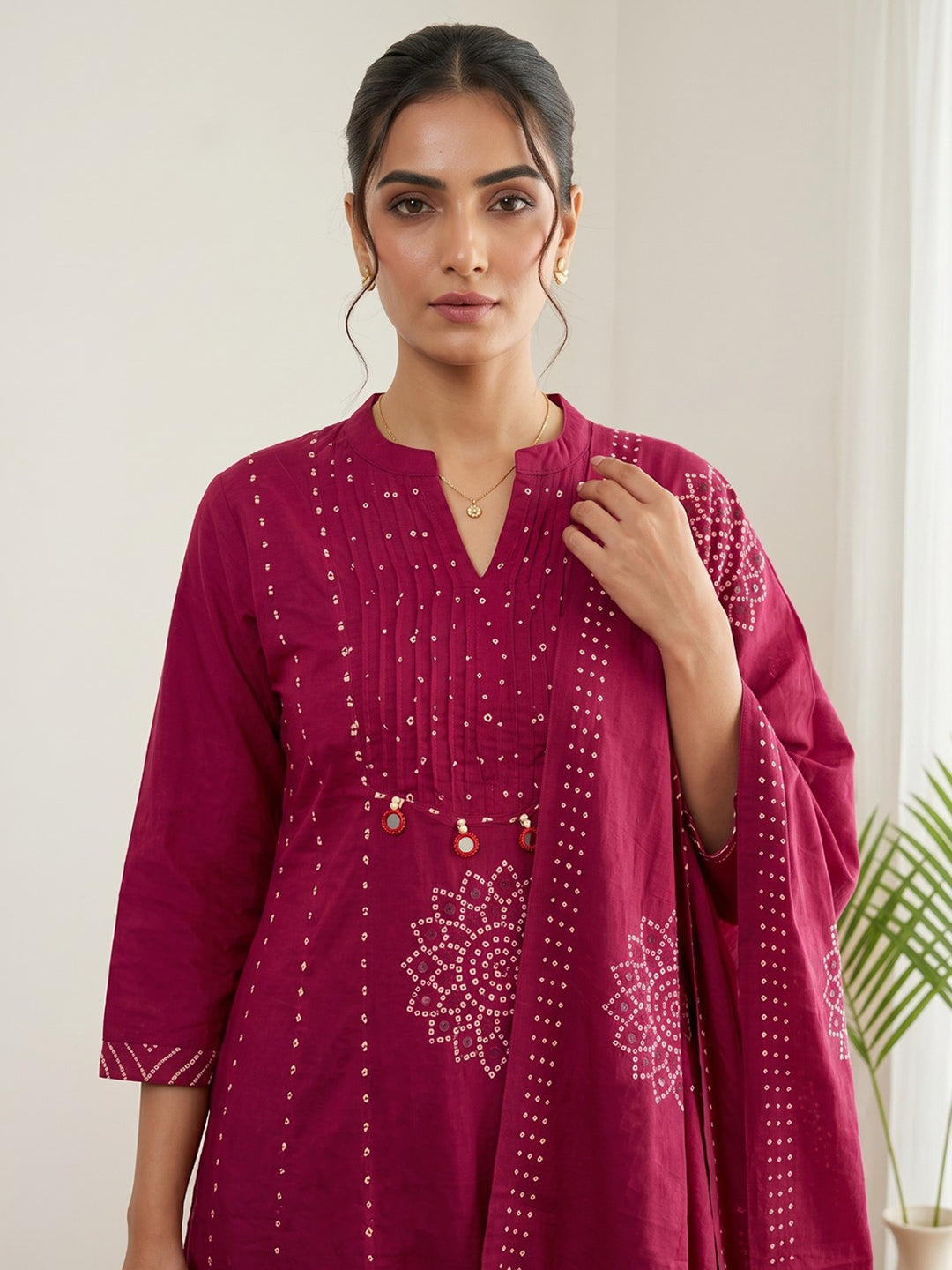 Red Printed Cotton Blend Kurta With Pant &amp; Dupatta