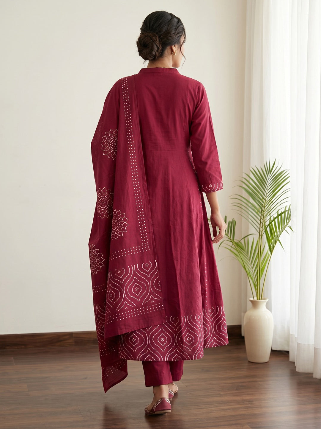 Red Printed Cotton Blend Kurta With Pant &amp; Dupatta