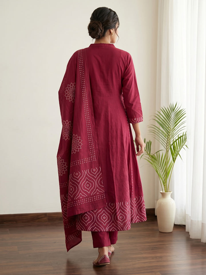 Red Printed Cotton Blend Kurta With Pant &amp; Dupatta